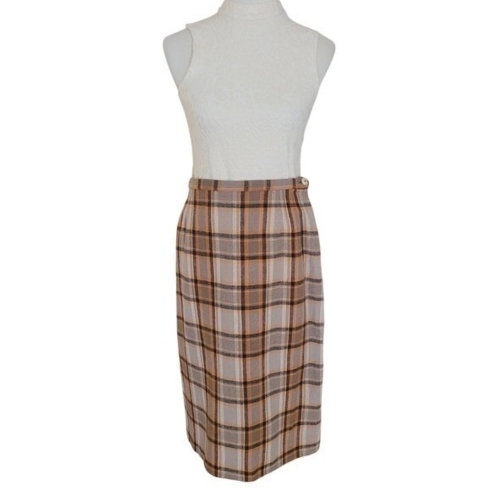 Vintage 70s Garland Plaid Wool Midi Pencil Skirt Tan Brown Orange High Waist M - Picture 2 of 6